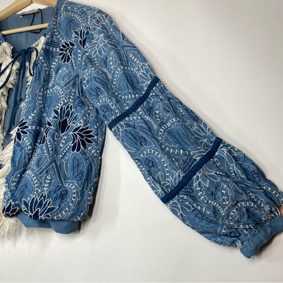 Zara Blue Embroidered Open Front Fringe Jacket Size S Whimsical Artsy Festival - Picture 7 of 16